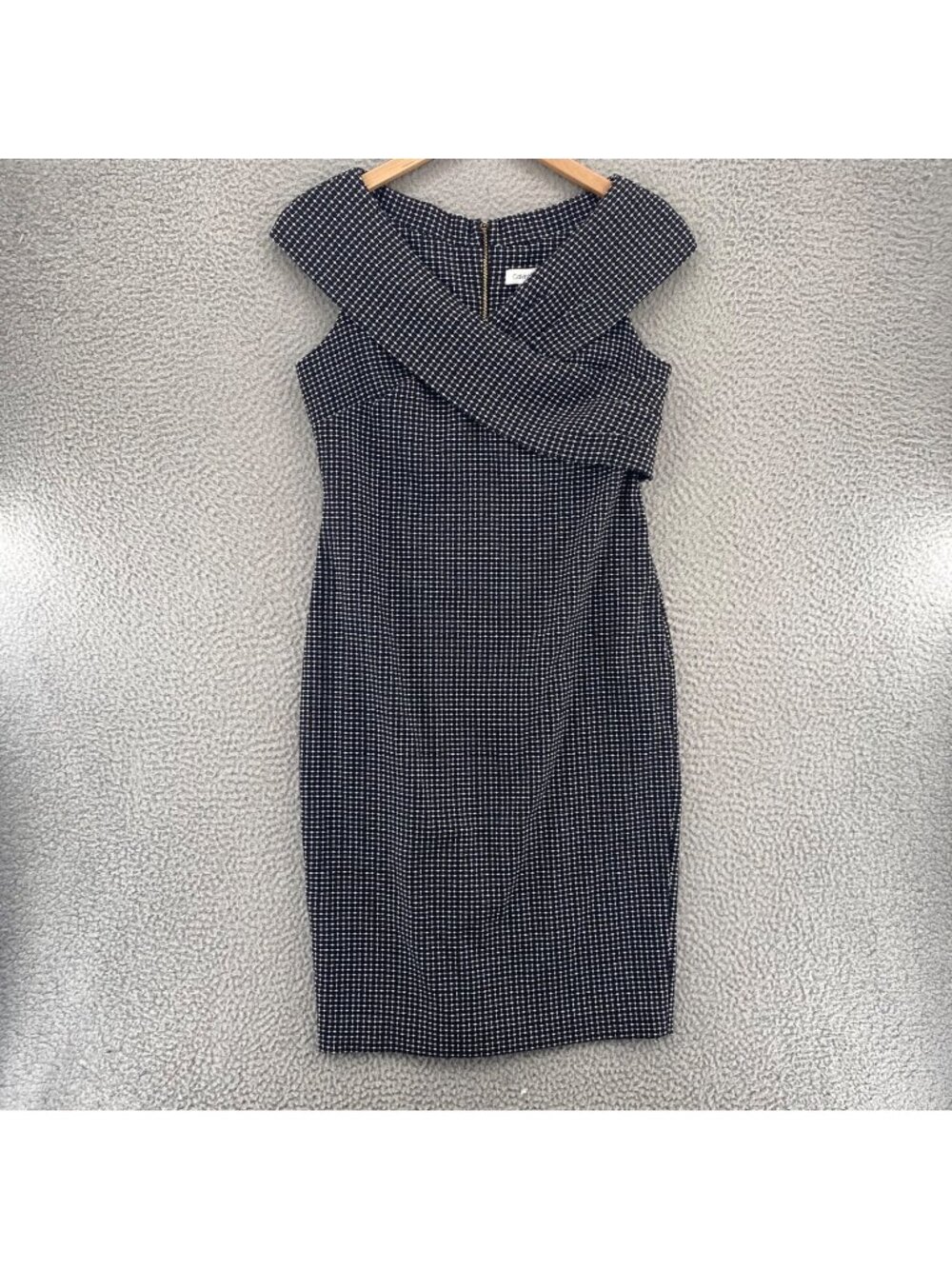 Calvin Klein Dress Womens 10 Black Check Sheath Portrait Collar Stretch Career